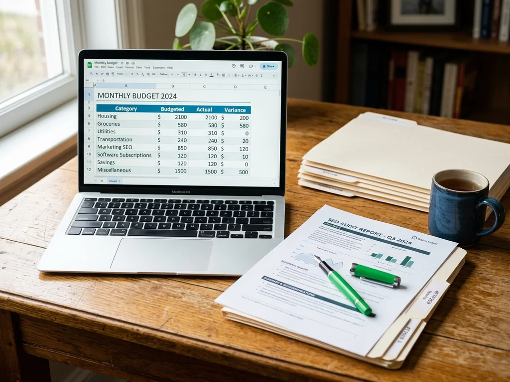 Un tableur de budget SEO et des dossiers professionnels sur un bureau en bois à Sèvres.