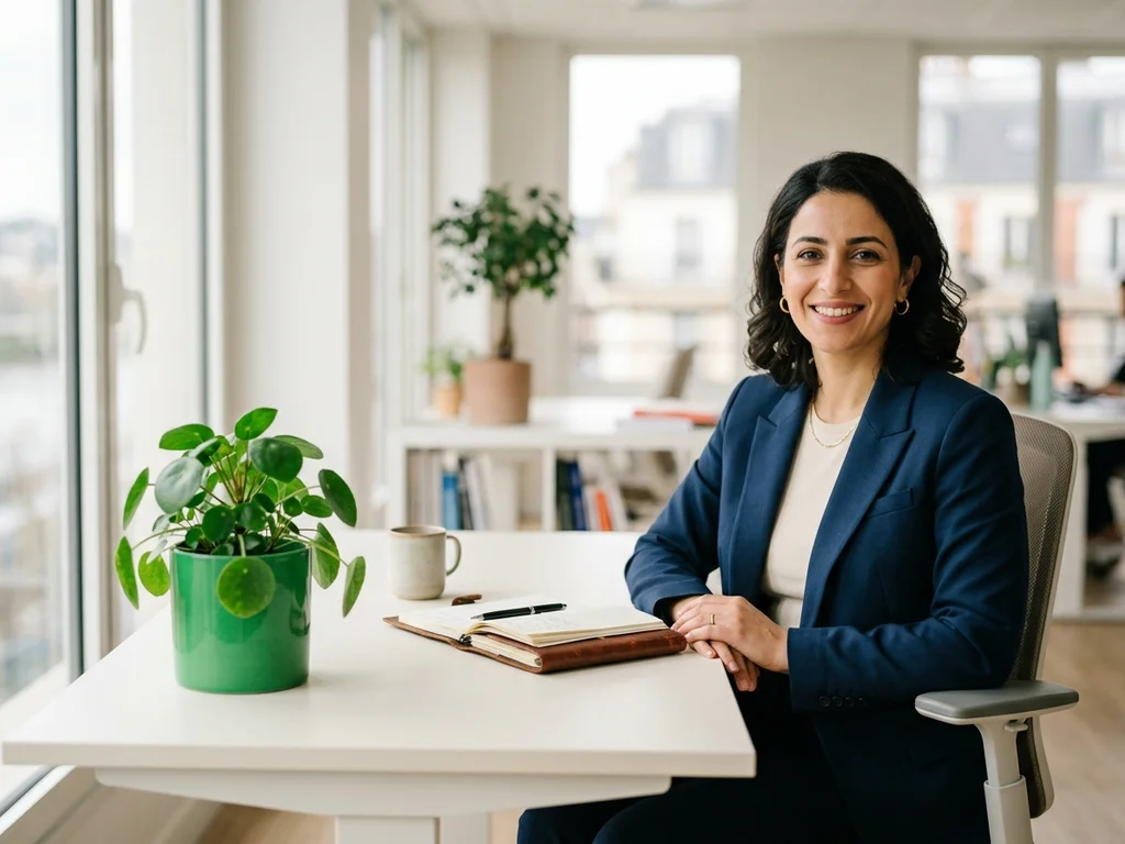 Une experte SEO vous accueille dans son bureau lumineux de Sèvres pour une consultation.