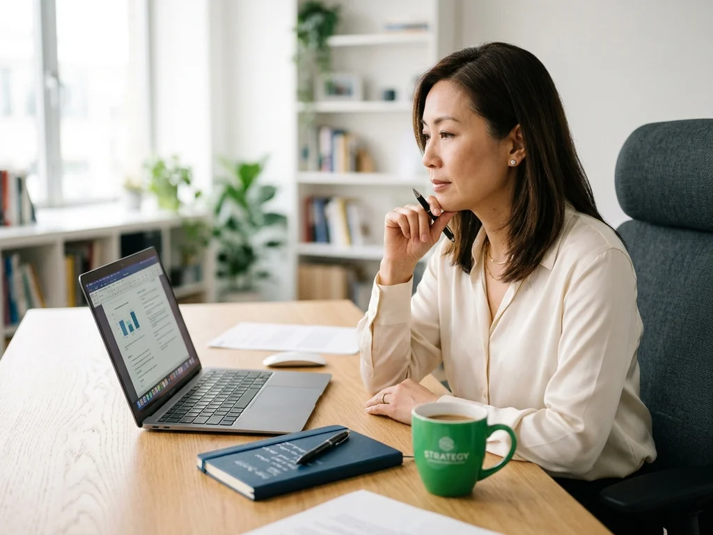 Consultant SEO examinant un audit technique sur son écran dans un bureau lumineux à Sèvres.