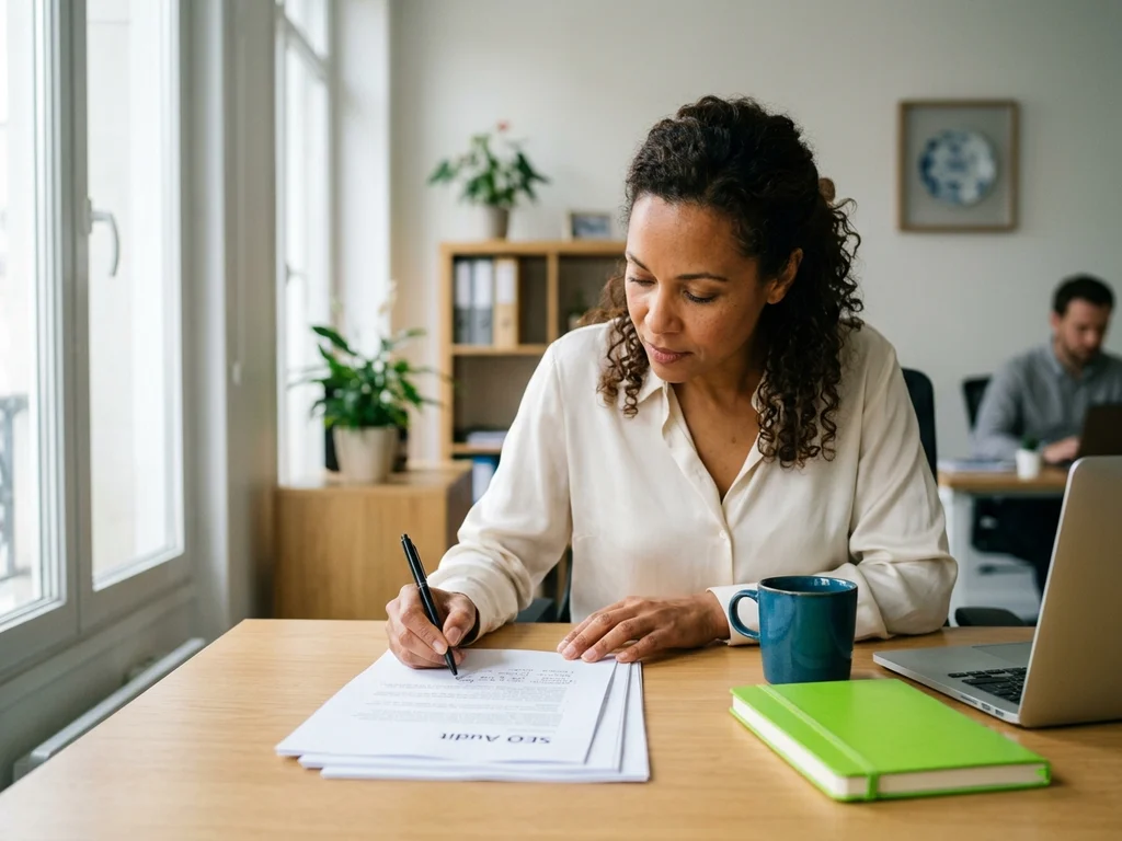 Consultante SEO analysant un audit de référencement pour renforcer la visibilité locale d'une entreprise à Sèvres.