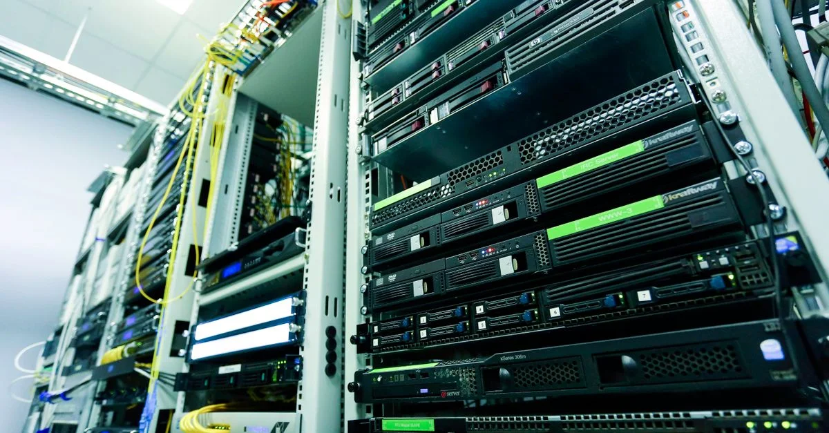Rangée de serveurs haute technologie dans un centre de données sécurisé avec des câbles réseau et des composants matériels.